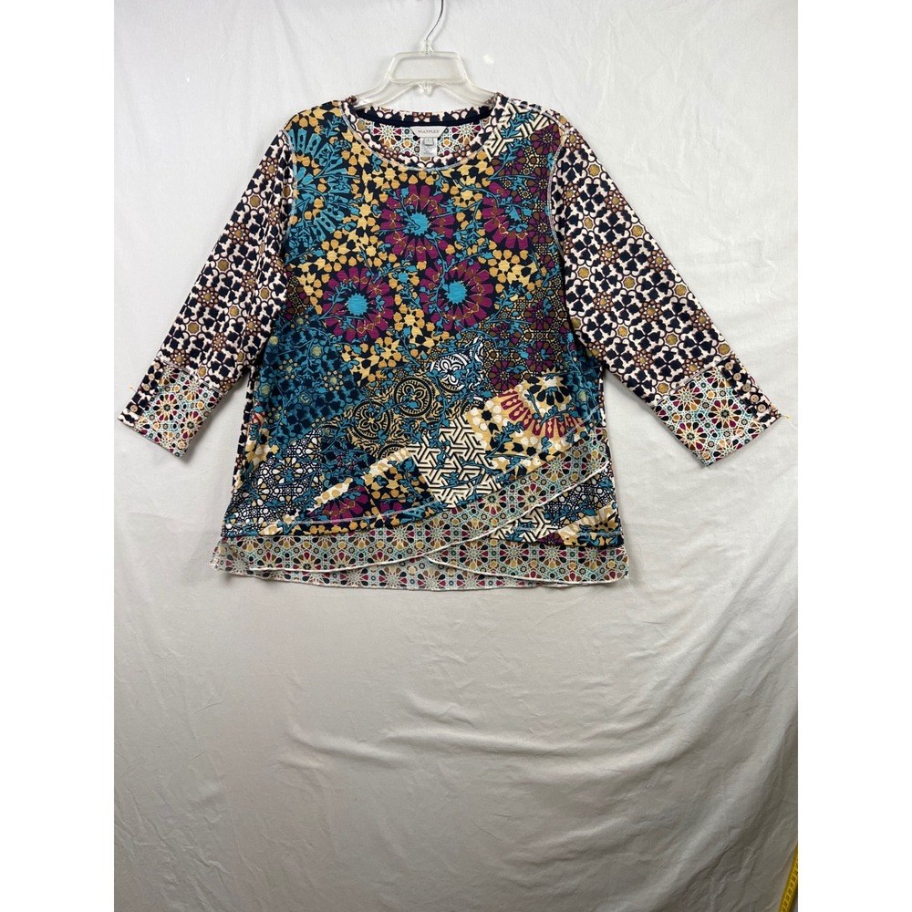 Multiples Top Women Large Multicolor Patchwork Floral Geometric 3/4 Sleeve Boho